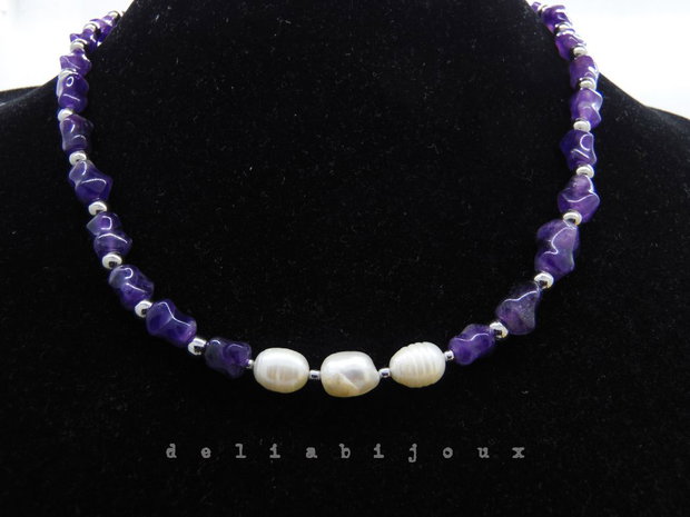 Colier handmade - ametist si perle cultura (cod1249)