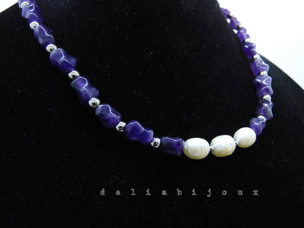 Colier handmade - ametist si perle cultura (cod1249)