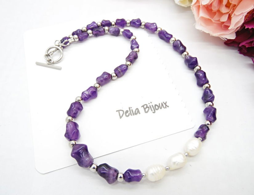 Colier handmade - ametist si perle cultura (cod1249)