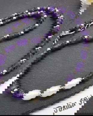 Colier handmade - ametist si perle cultura (cod1249)