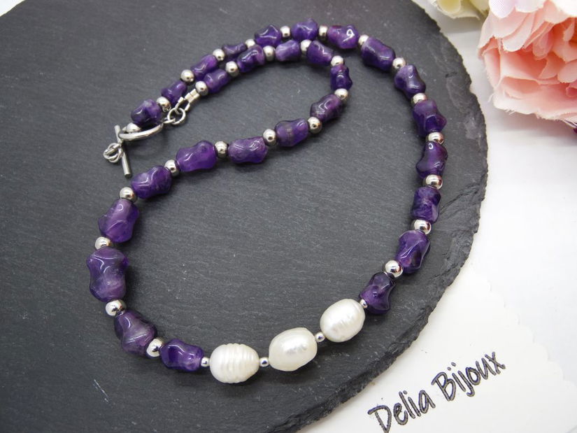 Colier handmade - ametist si perle cultura (cod1249)