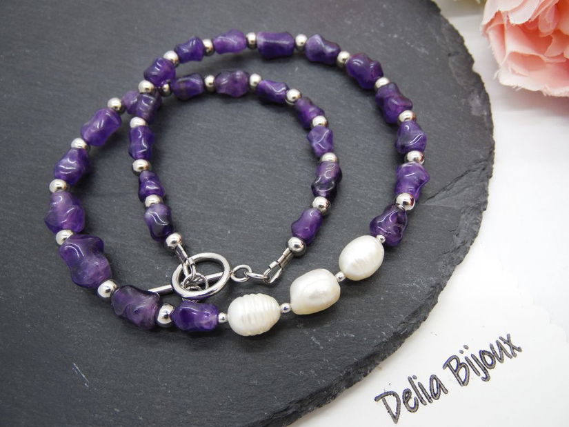 Colier handmade - ametist si perle cultura (cod1249)