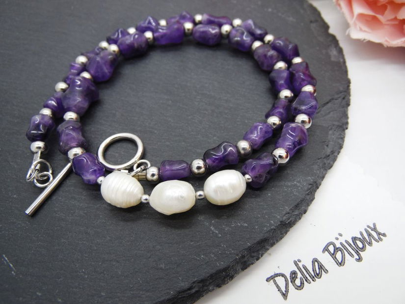 Colier handmade - ametist si perle cultura (cod1249)