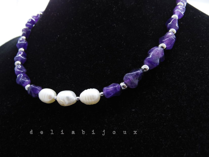Colier handmade - ametist si perle cultura (cod1249)