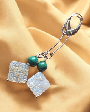 Cercei malachit natural si sidef, cu accesorii de argint 925