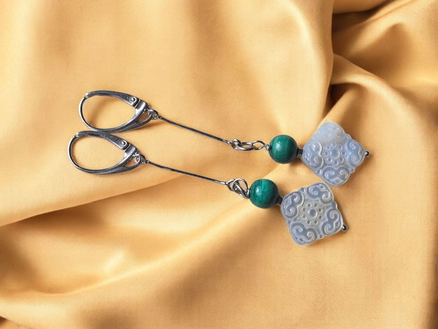Cercei malachit natural si sidef, cu accesorii de argint 925