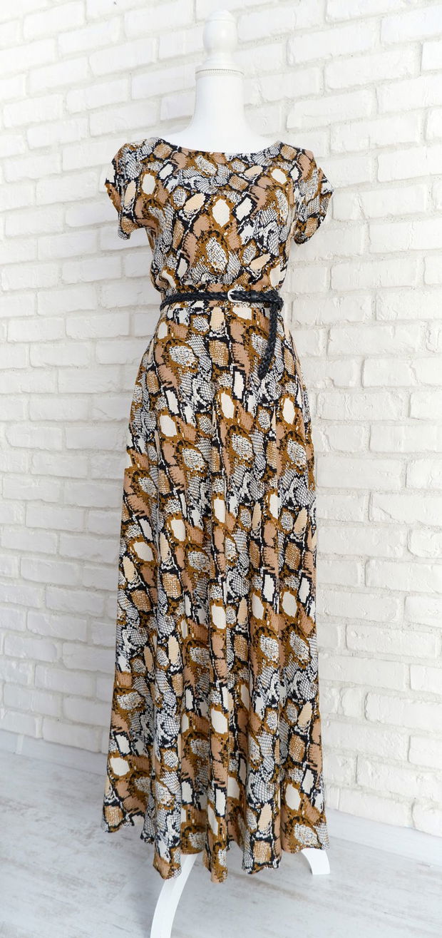 Bluza si Fusta Vaporoase Print Sarpe Bej cu Negru