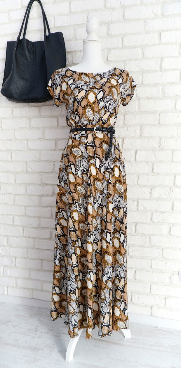 Bluza si Fusta Vaporoase Print Sarpe Bej cu Negru