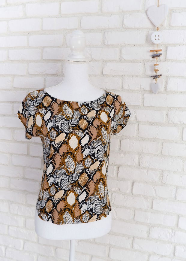 Bluza si Fusta Vaporoase Print Sarpe Bej cu Negru