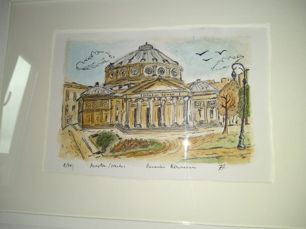 Tablou "Ateneul Roman" pictat manual, acrilic si marker