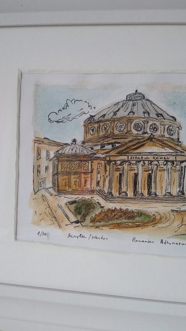 Tablou "Ateneul Roman" pictat manual, acrilic si marker
