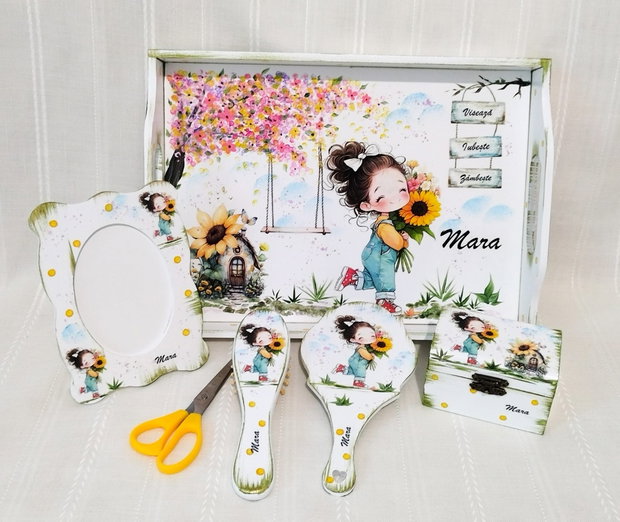 Tavita/set de mot fetita cu floarea soarelui