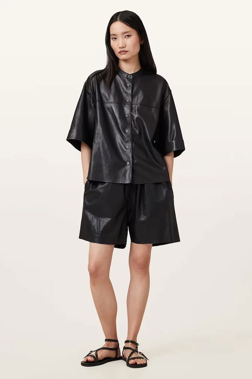 AllSaints pantaloni scurți de piele ARLA culoarea negru, uni, high waist, W059TC
