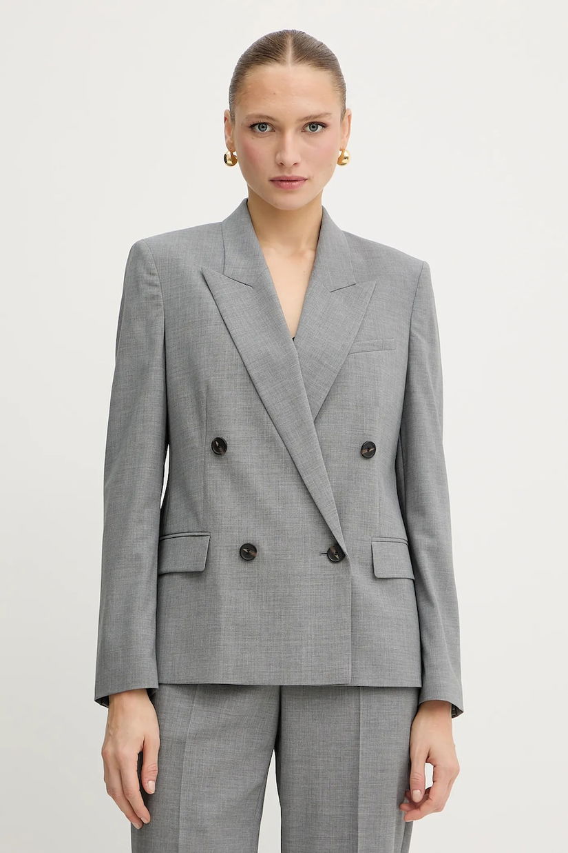 BOSS geacă de lână culoarea gri, cu doua rânduri de nasturi, uni, 50543302