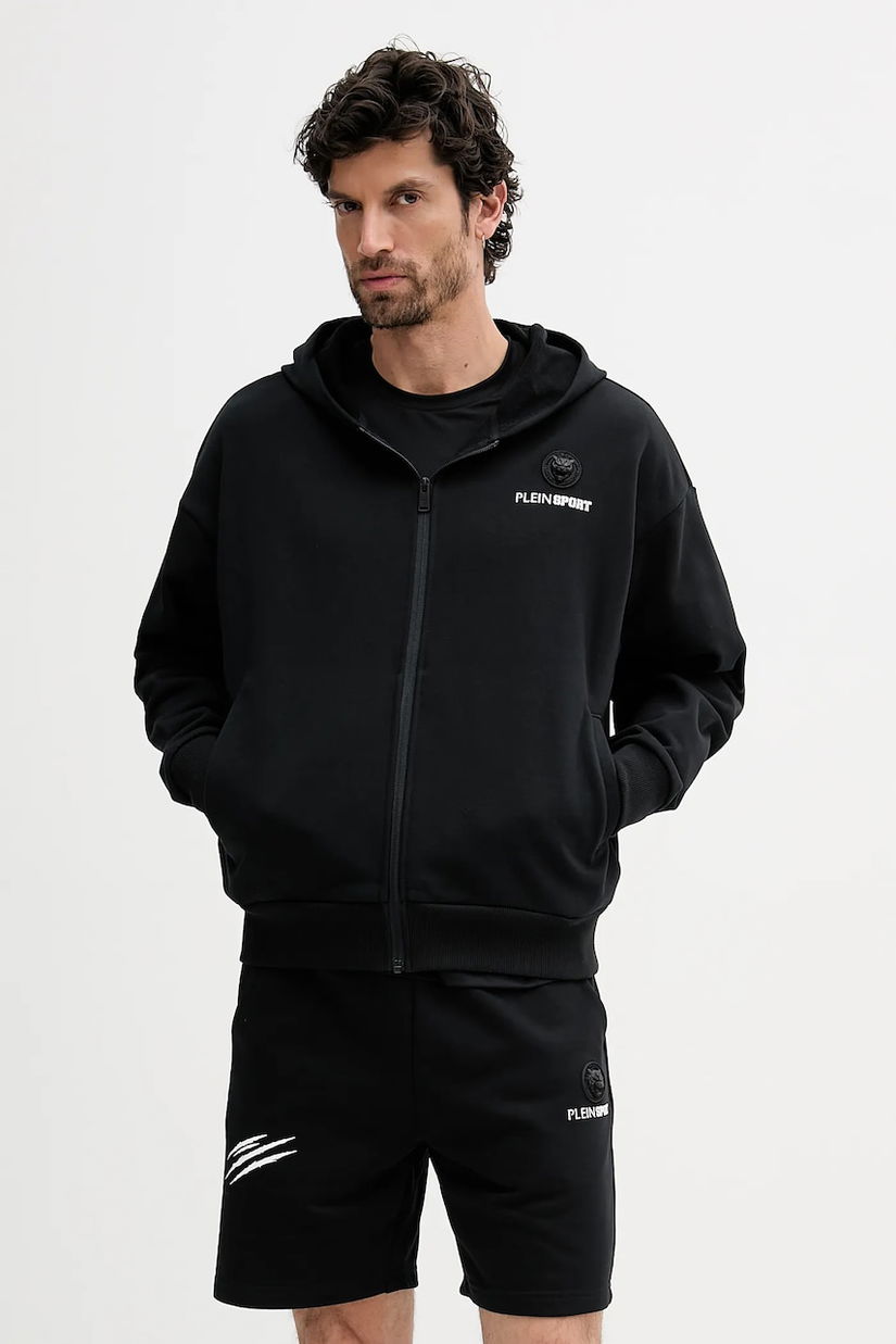 PLEIN SPORT bluză culoarea negru, cu glugă, cu imprimeu, SAEC MJB3579 STE001N