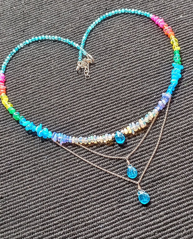 Colier argint opal de foc etiopian apatit calcedonie lant argint rainbow curcubeu rain drops picaturi multicolor minimalist boho chic trendy - Transport gratuit