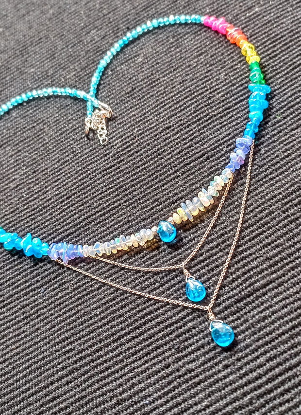 Colier argint opal de foc etiopian apatit calcedonie lant argint rainbow curcubeu rain drops picaturi multicolor minimalist boho chic trendy - Transport gratuit