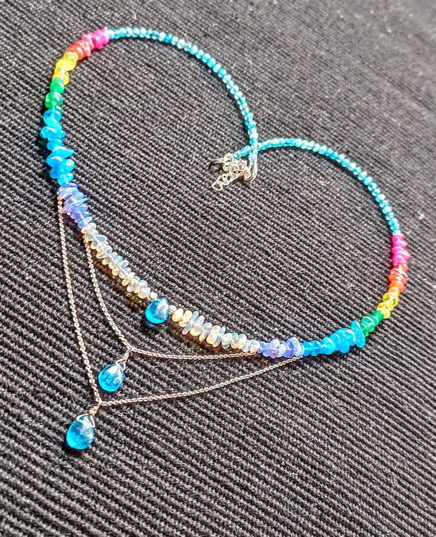 Colier argint opal de foc etiopian apatit calcedonie lant argint rainbow curcubeu rain drops picaturi multicolor minimalist boho chic trendy - Transport gratuit