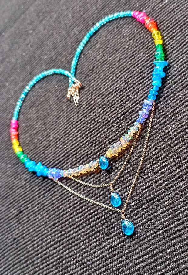 Colier argint opal de foc etiopian apatit calcedonie lant argint rainbow curcubeu rain drops picaturi multicolor minimalist boho chic trendy - Transport gratuit