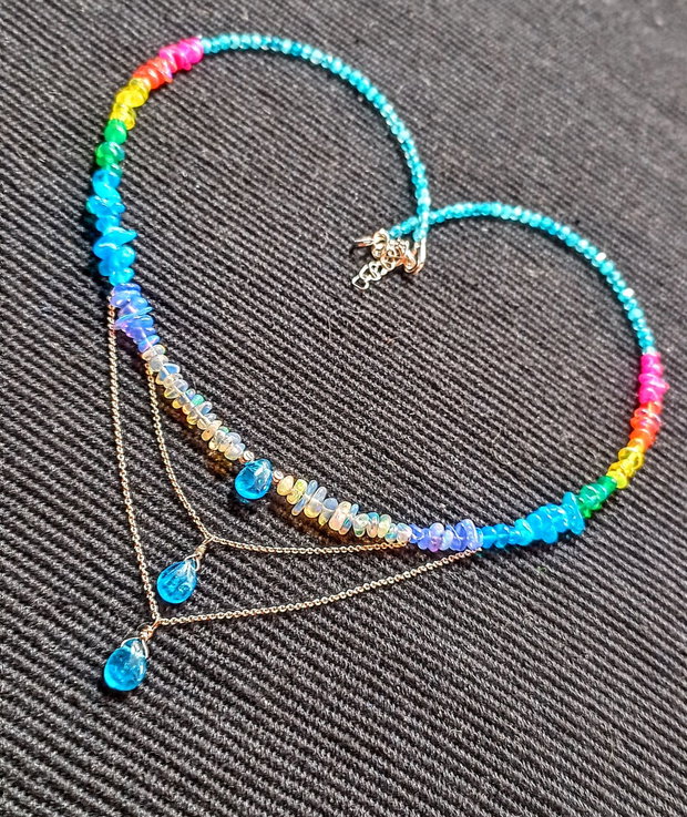 Colier argint opal de foc etiopian apatit calcedonie lant argint rainbow curcubeu rain drops picaturi multicolor minimalist boho chic trendy - Transport gratuit