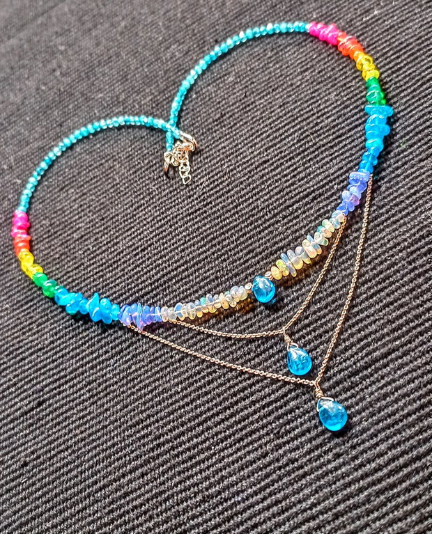 Colier argint opal de foc etiopian apatit calcedonie lant argint rainbow curcubeu rain drops picaturi multicolor minimalist boho chic trendy - Transport gratuit