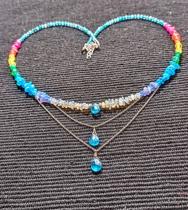 Colier argint opal de foc etiopian apatit calcedonie lant argint rainbow curcubeu rain drops picaturi multicolor minimalist boho chic trendy - Transport gratuit