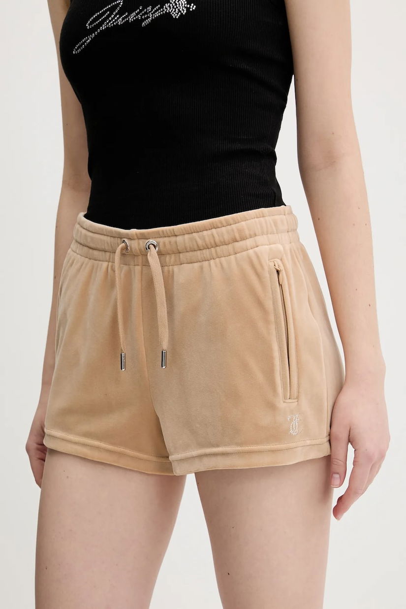 Juicy Couture pantaloni scurți de catifea TAMIA femei, culoarea bej, cu imprimeu, medium waist, JCWH121001
