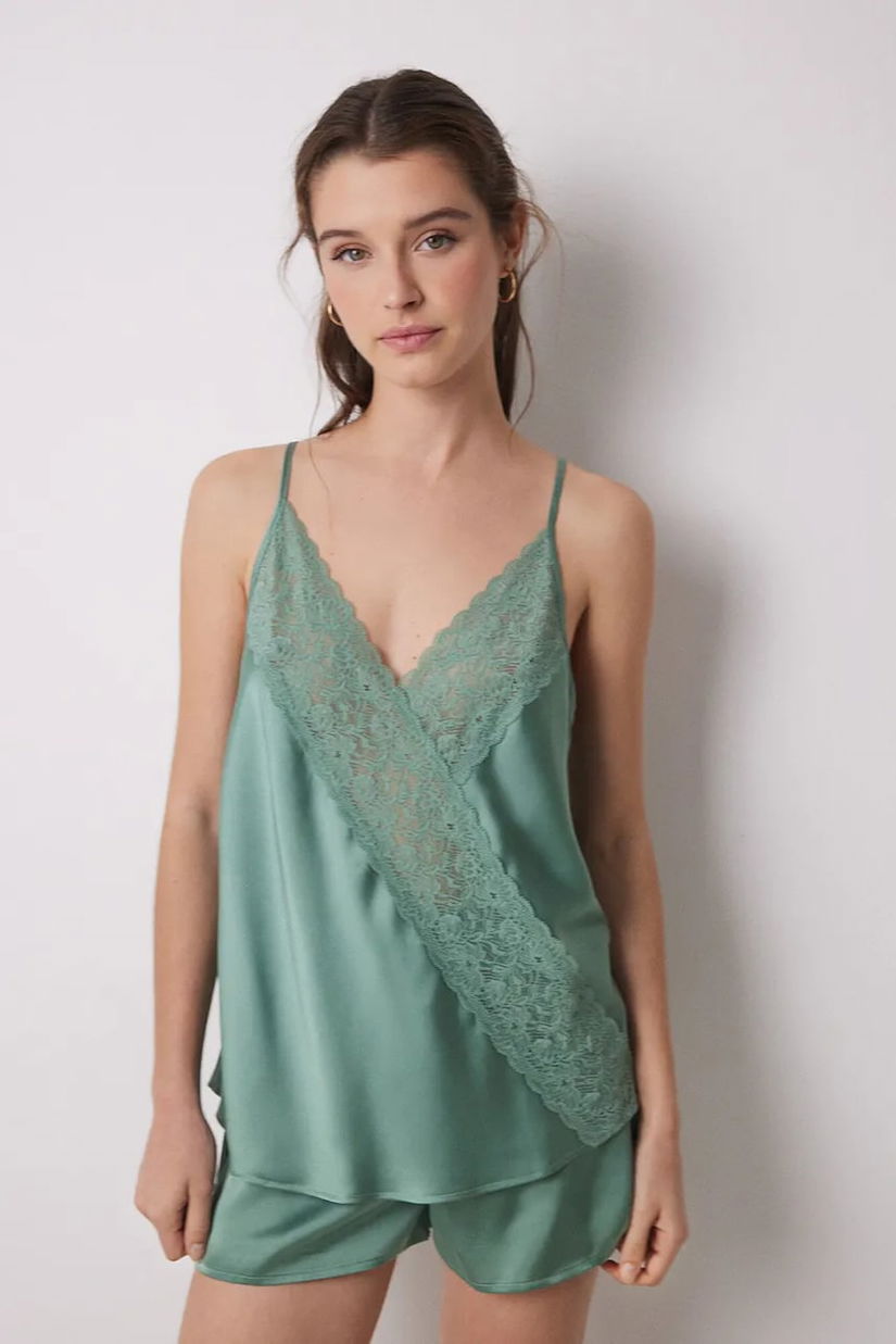 women'secret pijama femei, culoarea verde, satin, 2549783