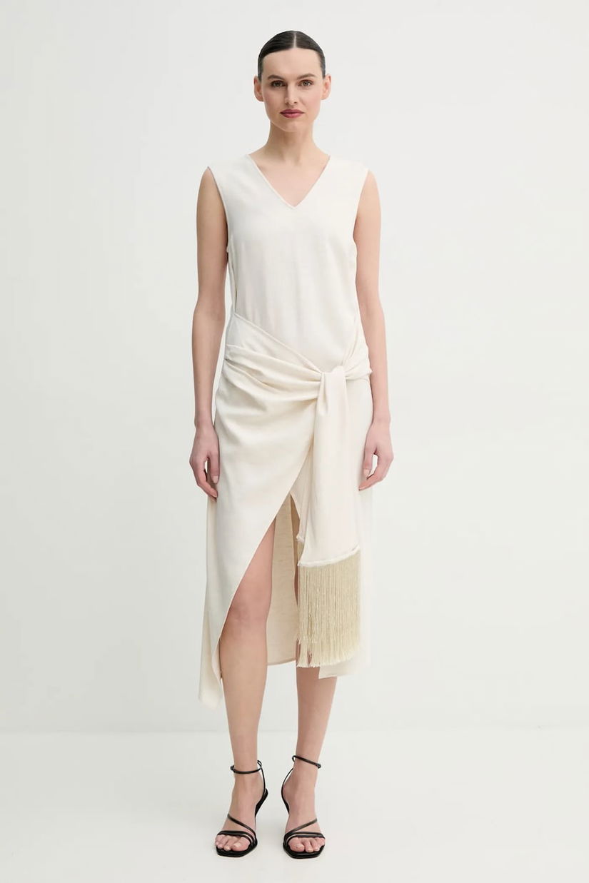 ISABELLE BLANCHE rochie din amestec de in culoarea bej, midi, mulată, IS25SS-A146-T005