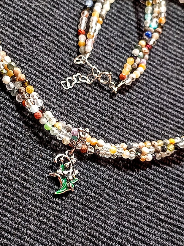 Colier argint X3 mixt pietre semipretioase charm floare lacramioara frunza argint emailat multicolor minimalist boho chic trendy - Transport gratuit