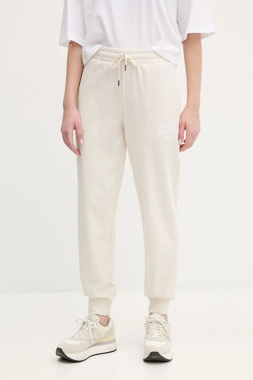 Puma pantaloni de trening femei, culoarea bej, cu imprimeu, 685037