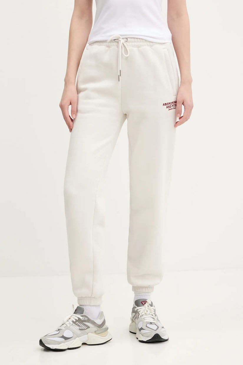 Abercrombie & Fitch pantaloni de trening femei, culoarea bej, cu imprimeu, KI147-5049