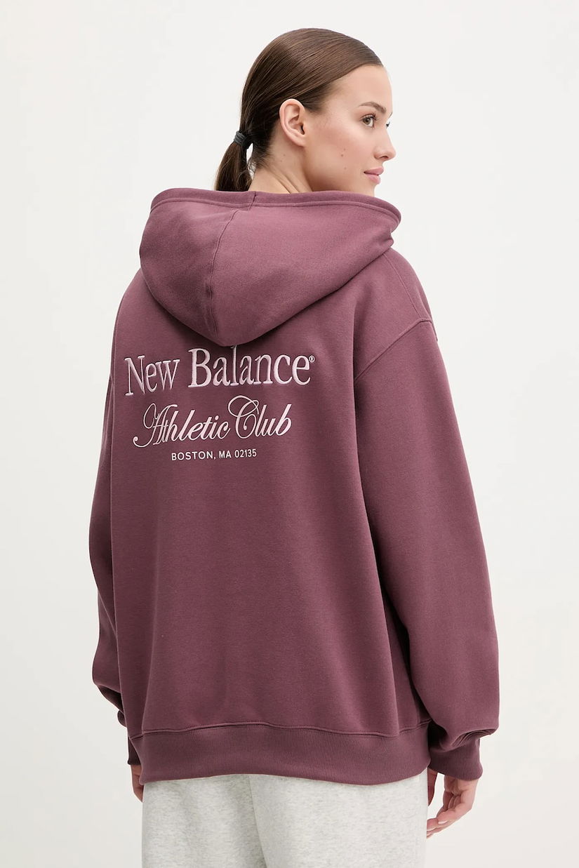 New Balance bluza femei, culoarea violet, cu glugă, cu imprimeu, WT51947FDP