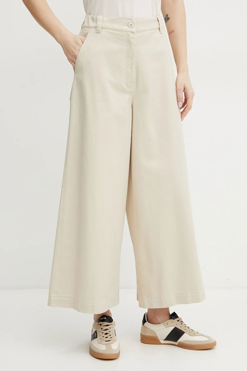 Weekend Max Mara pantaloni de bumbac femei, culoarea bej, lat, high waist, 2515131101600