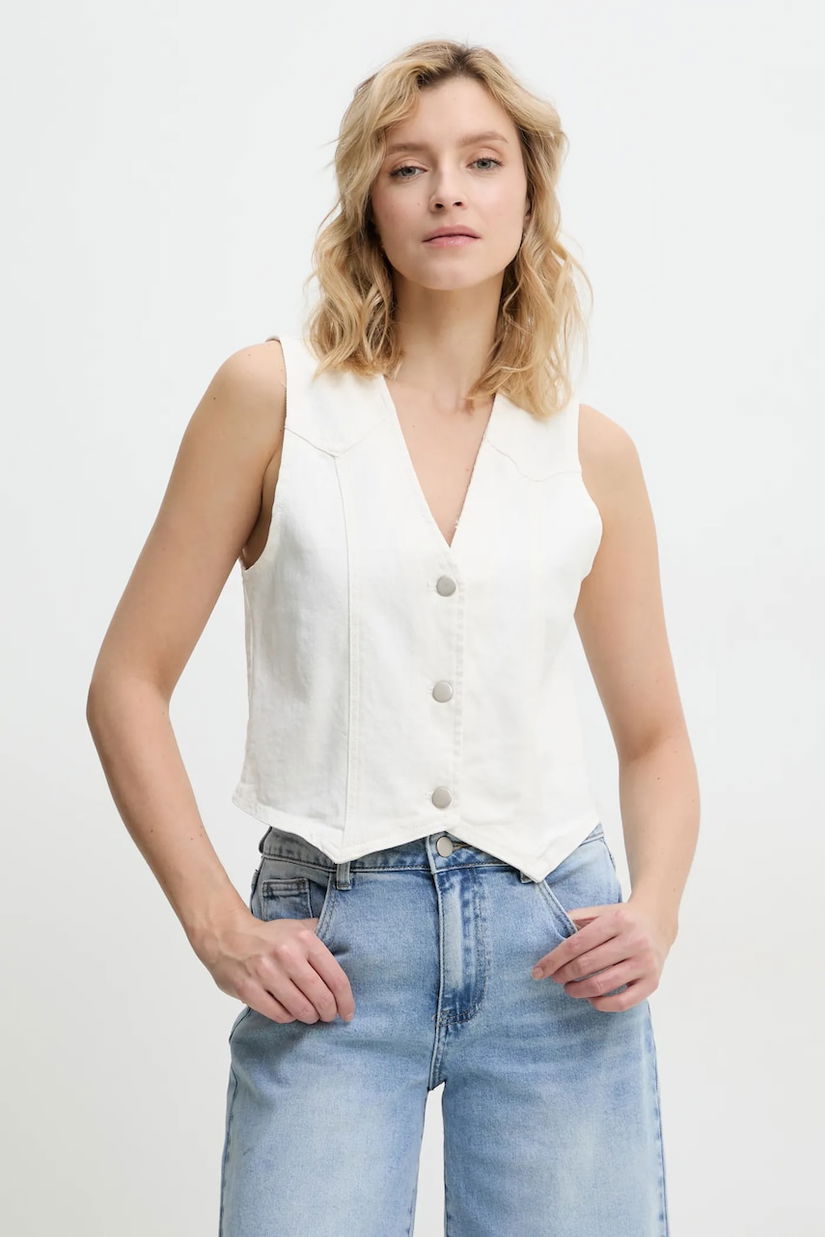 Answear Lab vesta jeans culoarea bej, un singur rand de nasturi