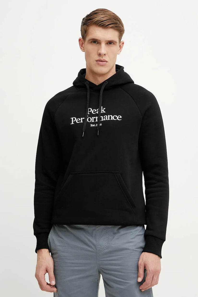 Peak Performance bluza barbati, culoarea negru, cu glugă, cu imprimeu