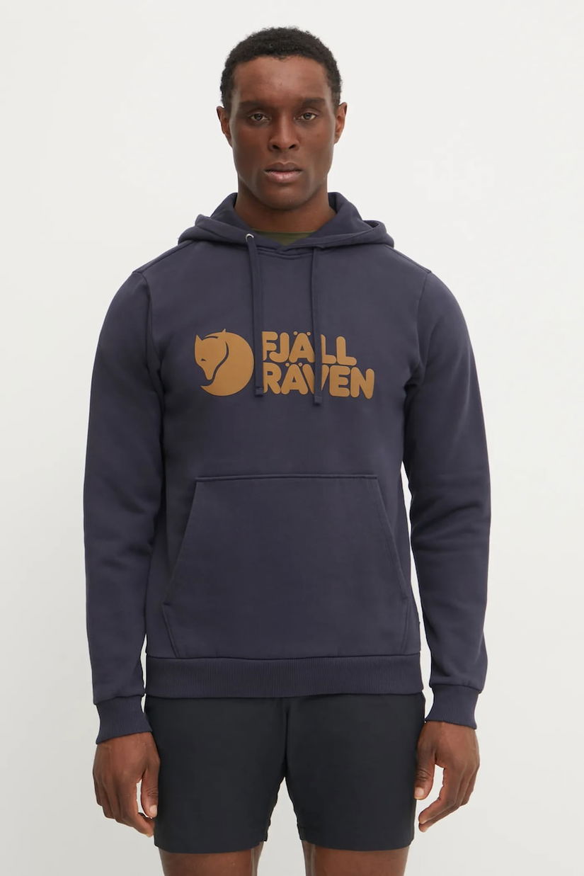 Fjallraven hanorac de bumbac barbati, culoarea albastru marin, cu glugă, modelator