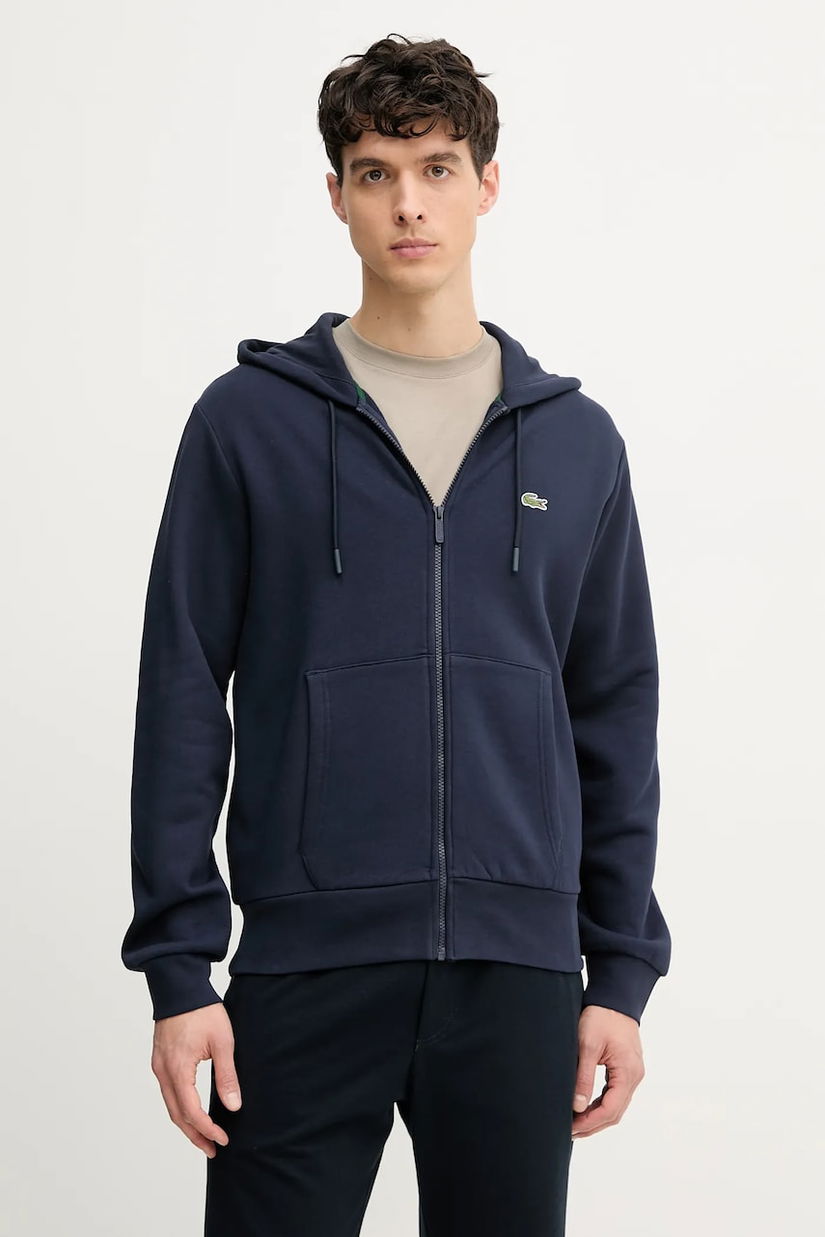 Lacoste bluza barbati, culoarea albastru marin, cu glugă, neted