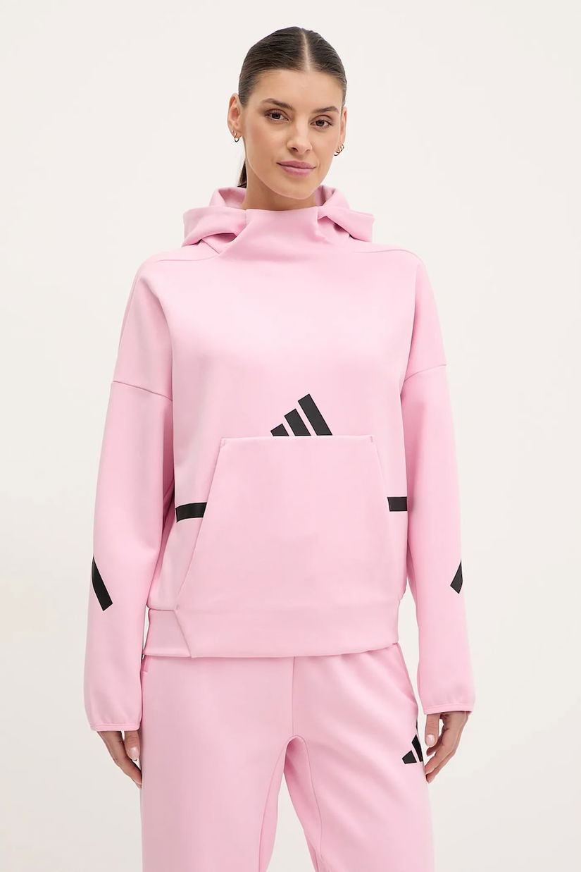 adidas bluza Z.N.E. femei, culoarea roz, cu glugă, cu imprimeu, JD5992