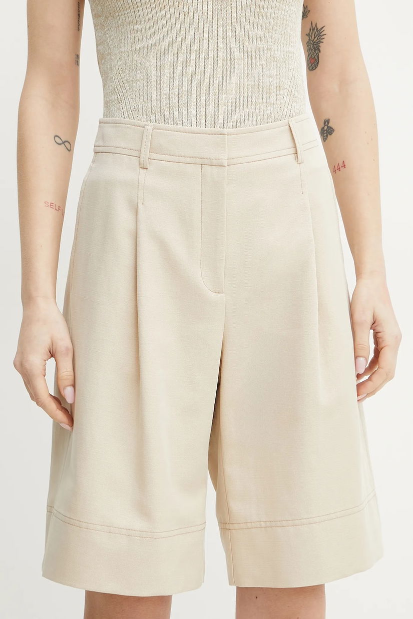BOSS Orange pantaloni scurți din amestec de in femei, culoarea bej, neted, high waist, 50546217