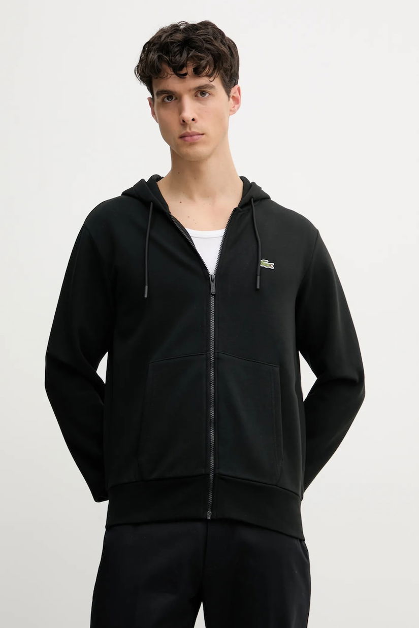 Lacoste bluza barbati, culoarea negru, cu glugă, neted