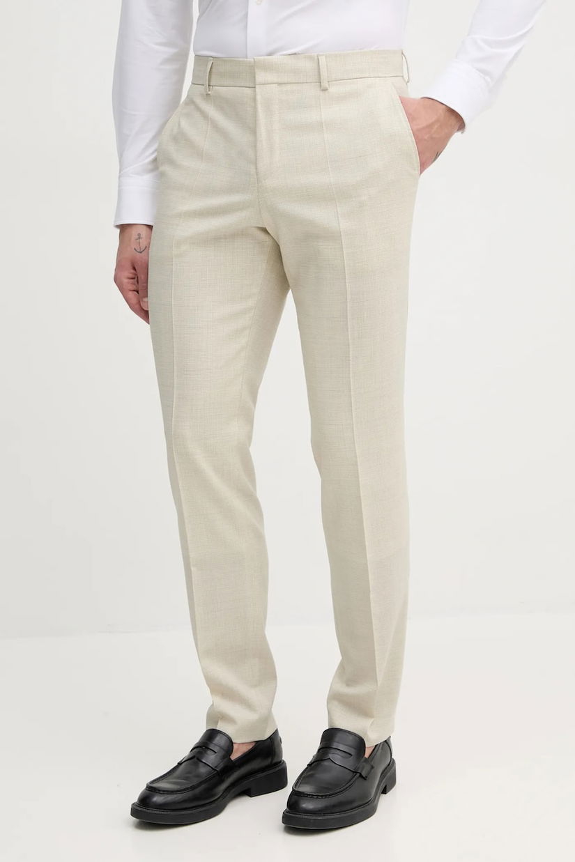 BOSS pantaloni de lana barbati, culoarea bej, mulata, 50540713