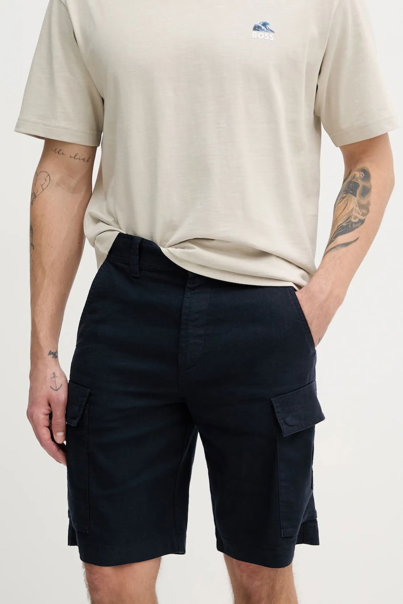 BOSS Orange pantaloni scurti din in barbati, culoarea albastru marin, 50536888