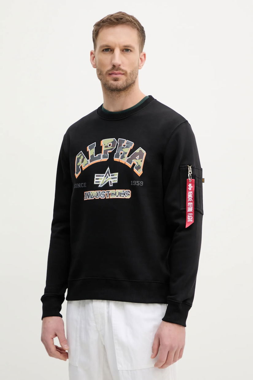 Alpha Industries bluza College Camo Sweater barbati, culoarea negru, cu imprimeu, 146306