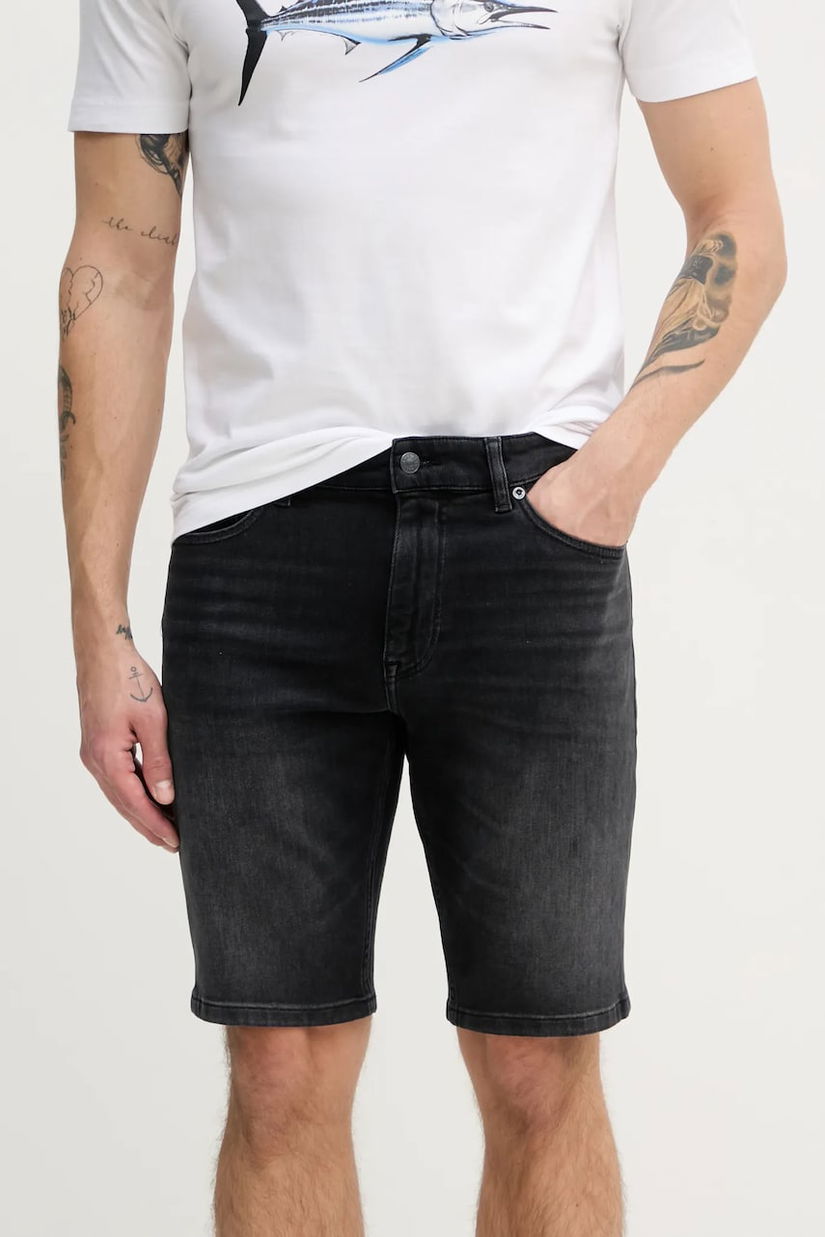 BOSS Orange pantaloni scurti jeans barbati, culoarea negru, 50540271