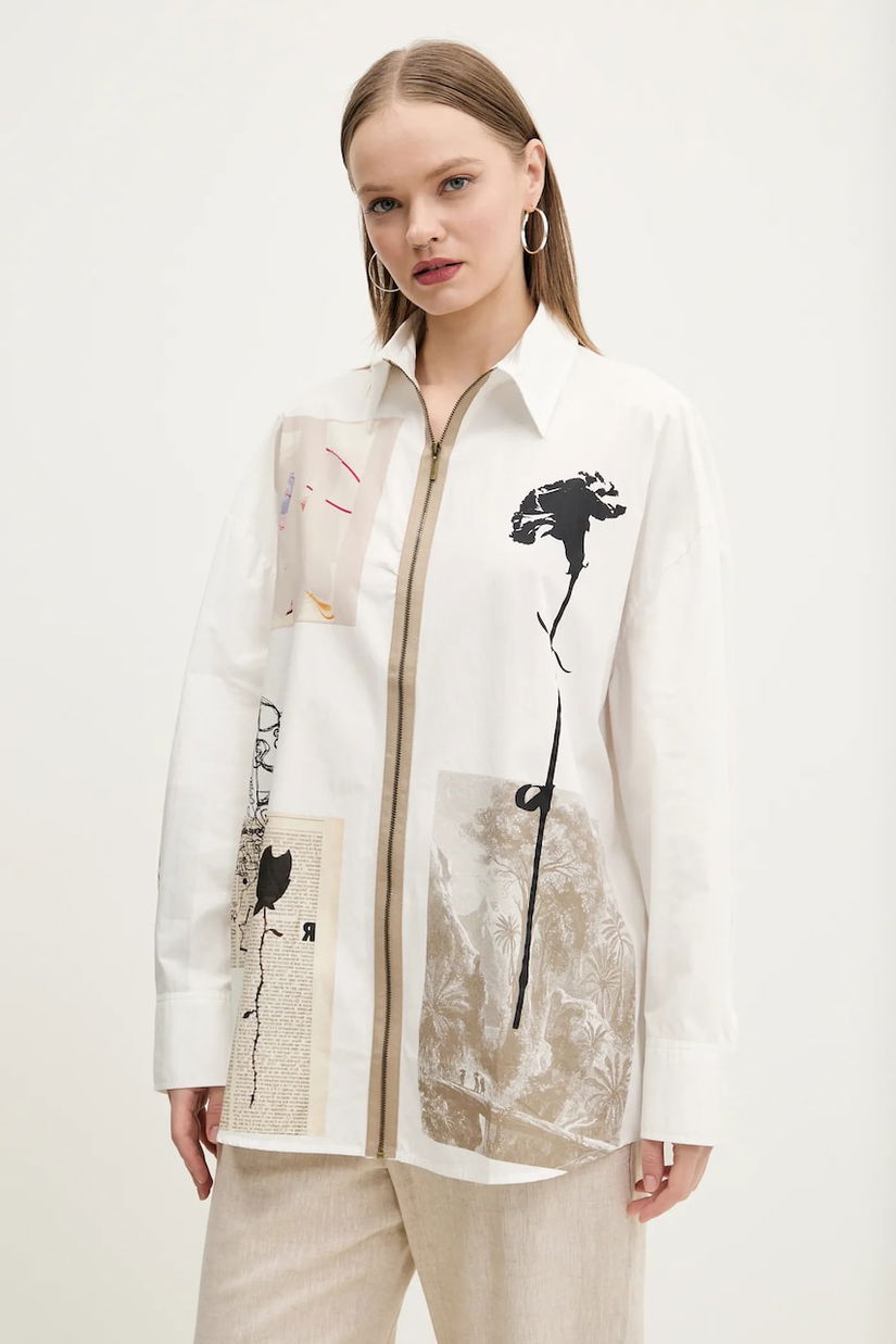 Desigual camasa din bumbac RECORTES LACROIX femei, culoarea alb, cu guler clasic, relaxed, 25SWCW23