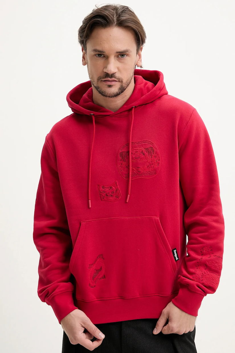 Desigual hanorac de bumbac NUEVA ESCOCIA barbati, culoarea rosu, cu glugă, cu imprimeu, 25SMSK04