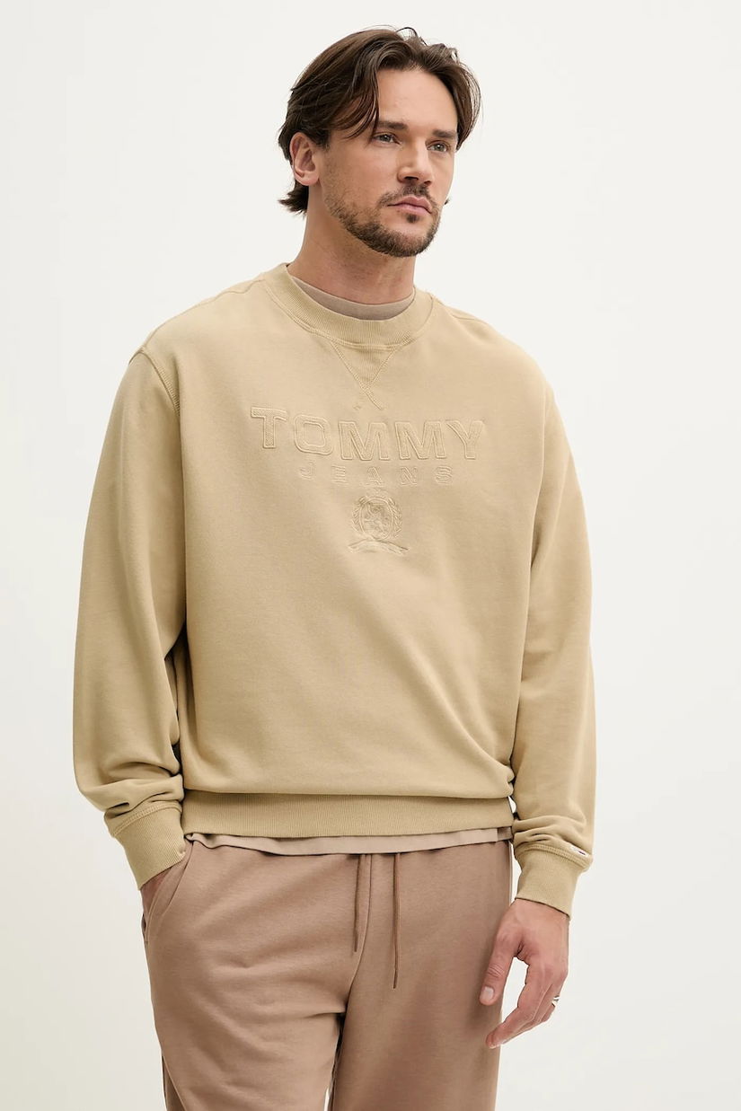 Tommy Jeans hanorac de bumbac barbati, culoarea bej, cu imprimeu, DM0DM20827