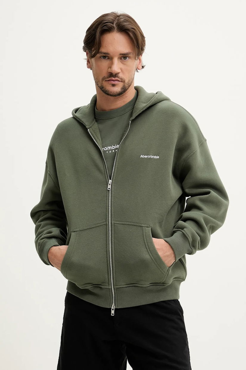 Abercrombie & Fitch bluza barbati, culoarea verde, cu glugă, cu imprimeu, KI175-5120