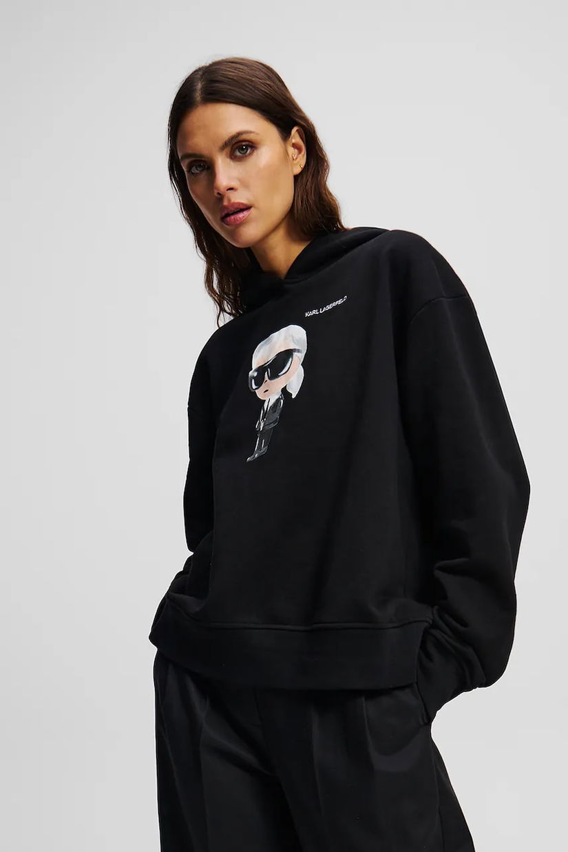 Karl Lagerfeld bluza femei, culoarea negru, cu glugă, cu imprimeu, A1W20083